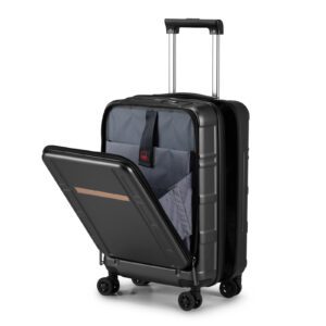 20in Black Carry On Luggage 22x14x9 Airline Approved, ABS+PC Hard Shell with Front Compartment