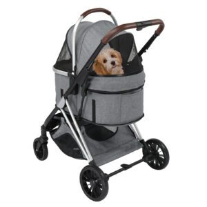 3-in-1 Folding Pet Stroller with Detachable Carrier & Storage Basket - Grey