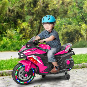 12V Electric Motorcycle for Kids with Light Wheels and Bluetooth Music - Pink